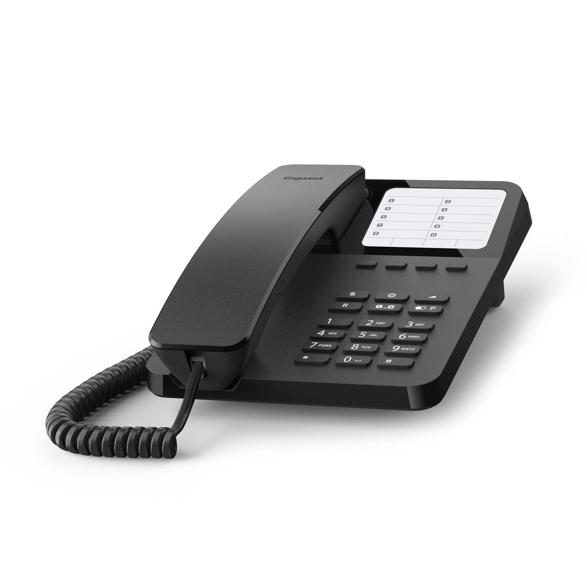 Téléphone de bureau Gigaset noir avec écran et boutons, isolé sur blanc.