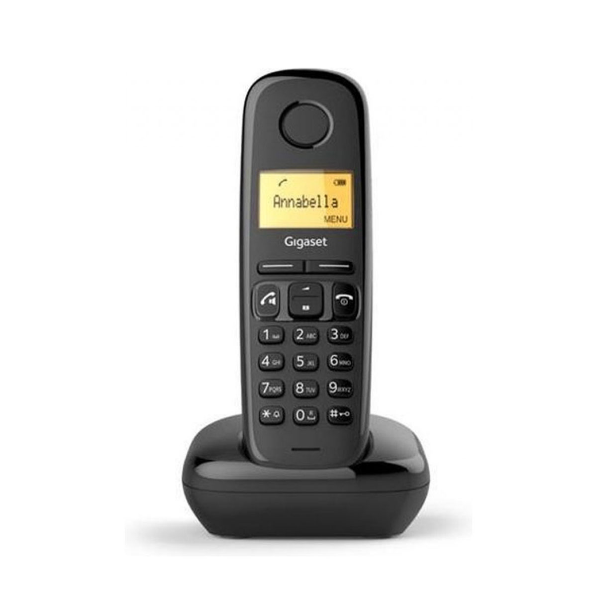 Téléphone sans fil Gigaset noir sur socle, affichant l'écran 'Annabella'.