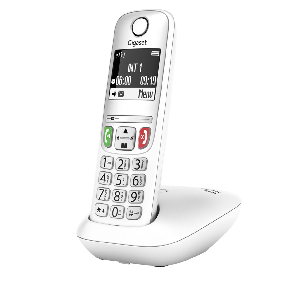 Witte Gigaset draadloze telefoon met basis. Display toont tijd en menu-opties.