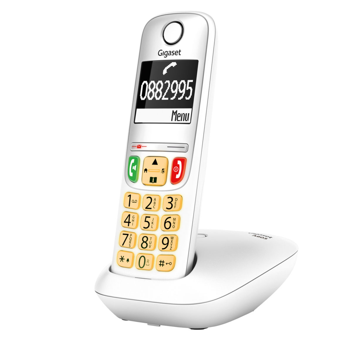 Witte draadloze telefoon met grote knoppen, een scherm en een oplaadstation.