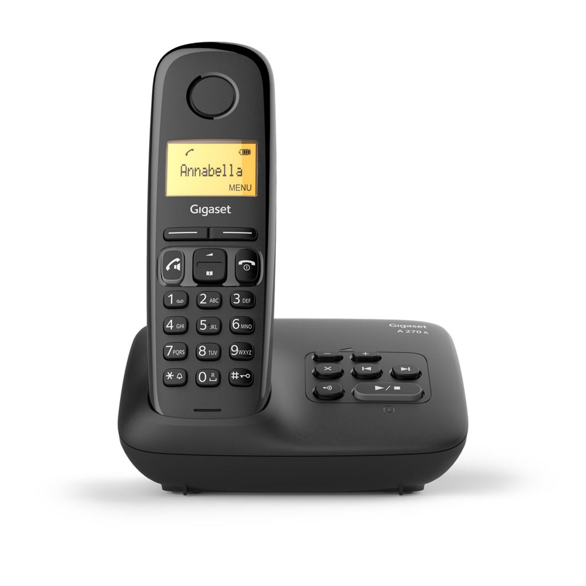 Een zwarte Gigaset draadloze telefoon op zijn basis. Het scherm toont 'Annabella' en menu-opties.