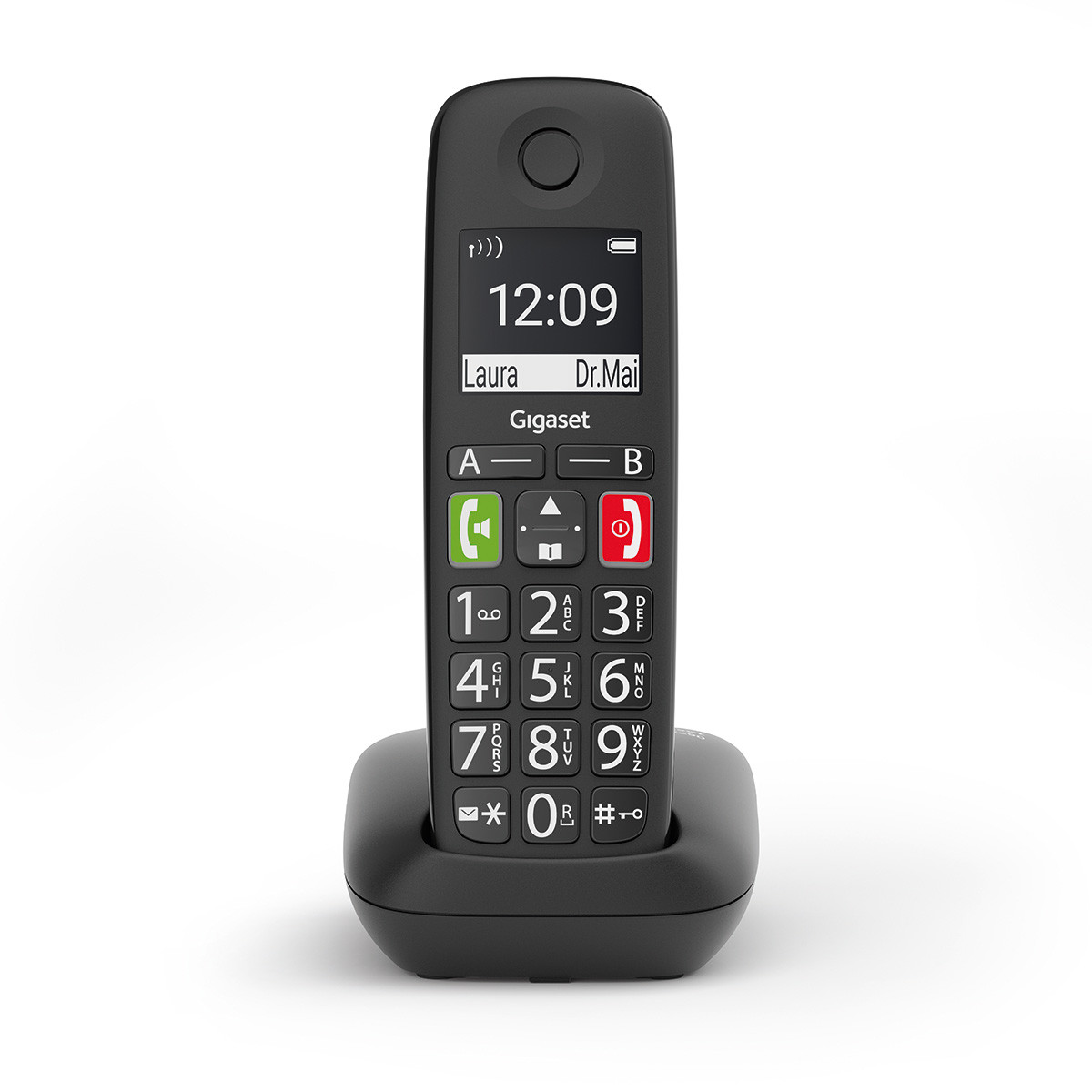Téléphone Gigaset noir à gros boutons, sur une base. L'écran affiche l'heure et les infos d'appel.