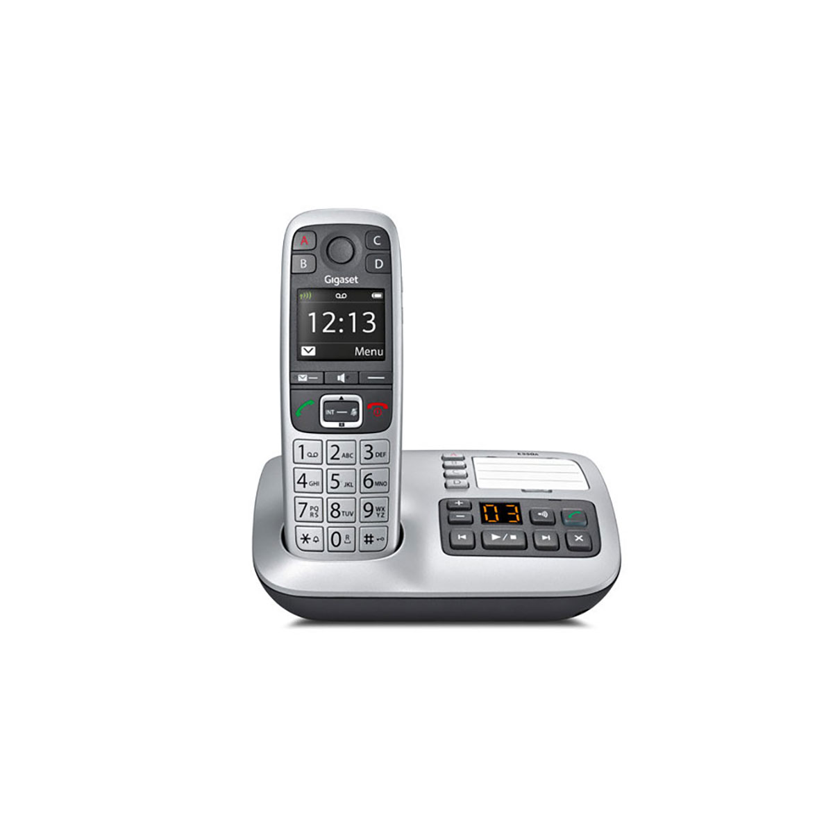 Silver and black Gigaset cordless phone on a base. Display shows time and menu.