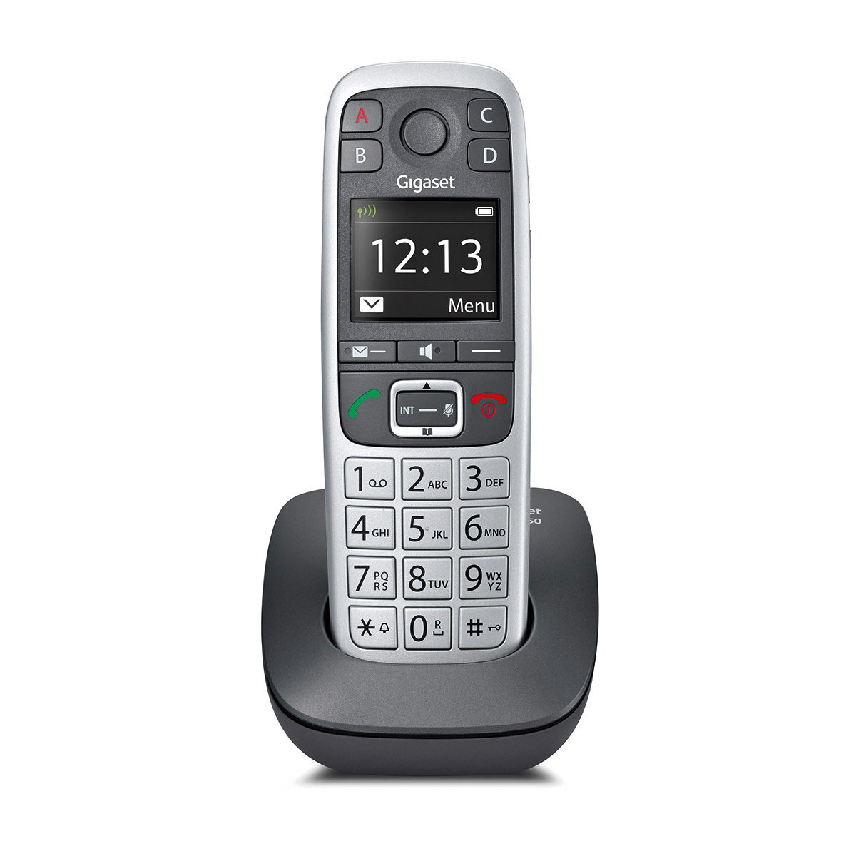 Silver Gigaset phone on a black base, screen shows time. Buttons numbered 1-0 and A-D. White background.
