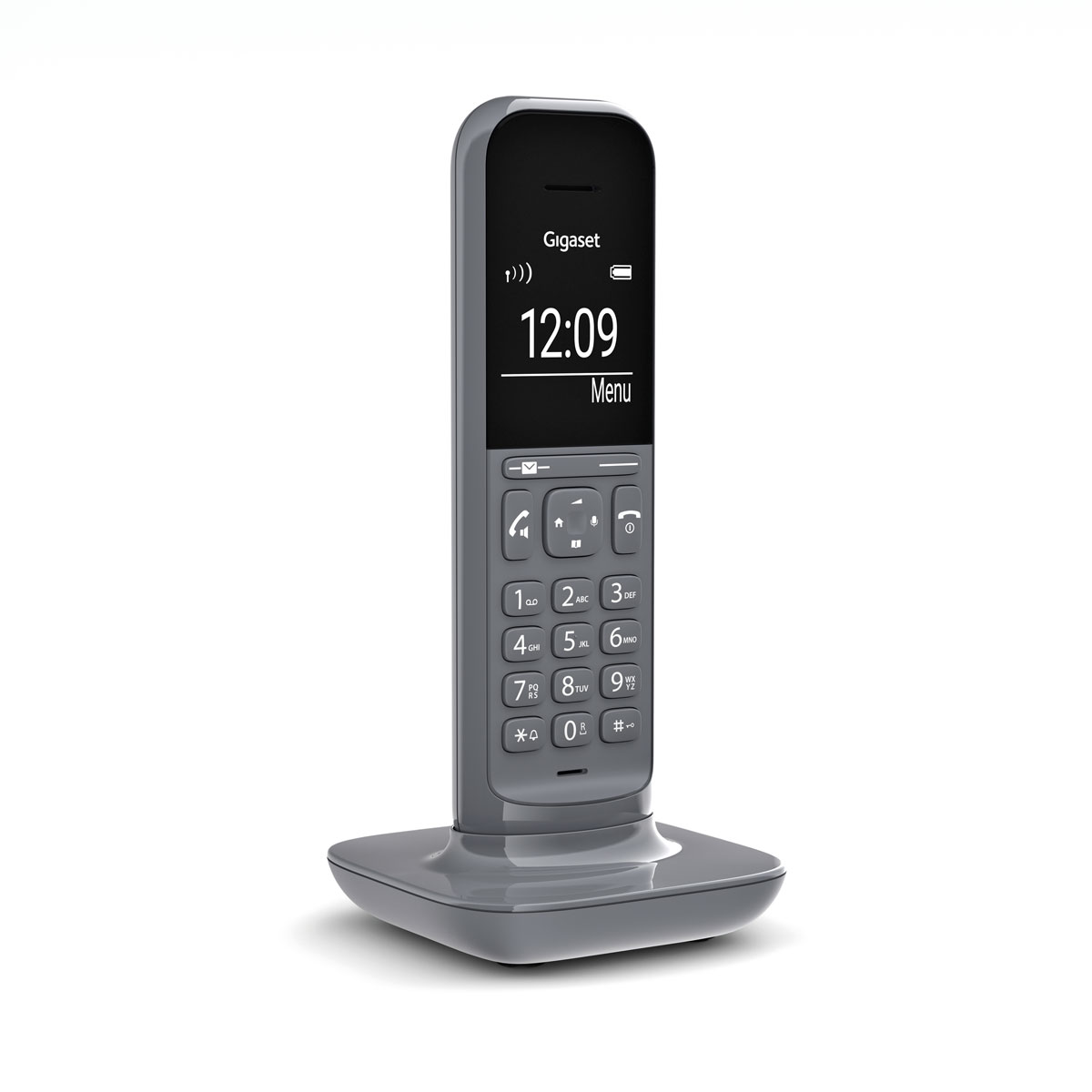 Telefono cordless grigio su una base, con schermo e pulsanti grandi.
