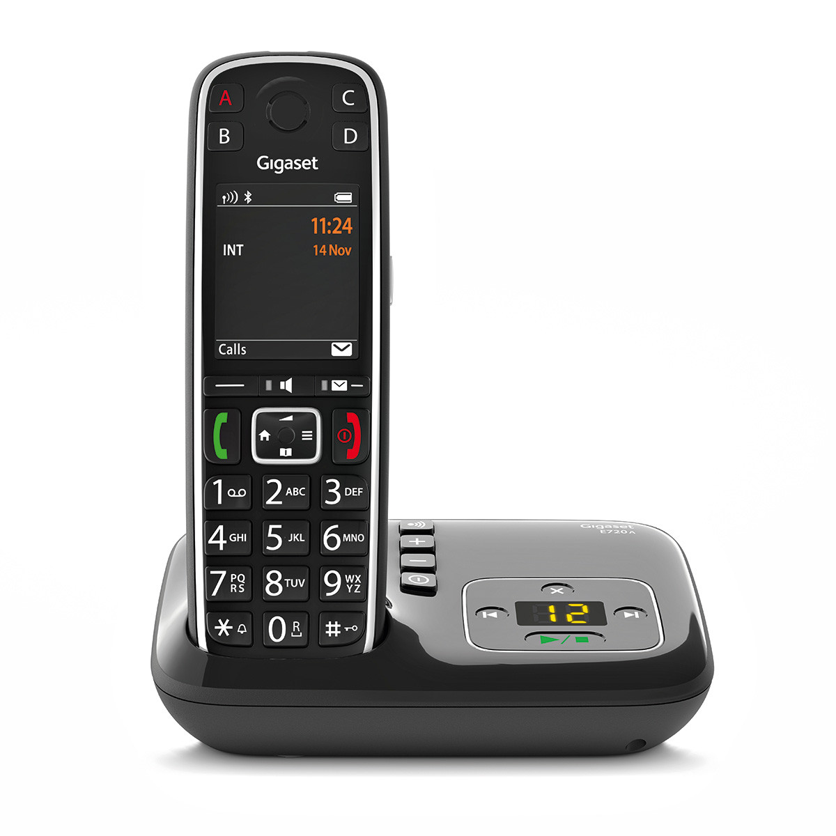 Téléphone sans fil Gigaset noir et base. Affichage de la date, de l'heure et des options de menu.