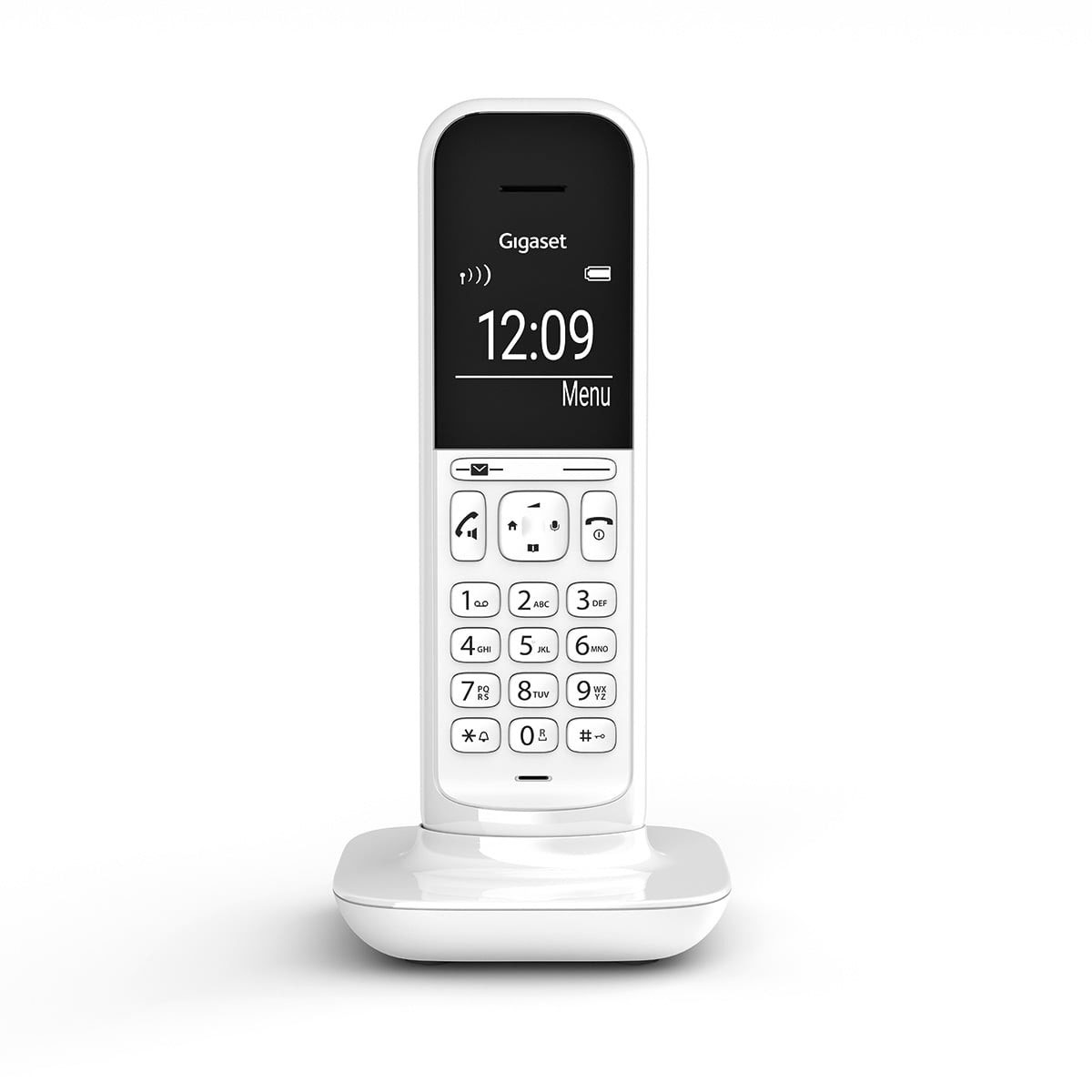 Een witte Gigaset draadloze telefoon op zijn oplaadbasis. Het heeft een scherm en genummerde knoppen.