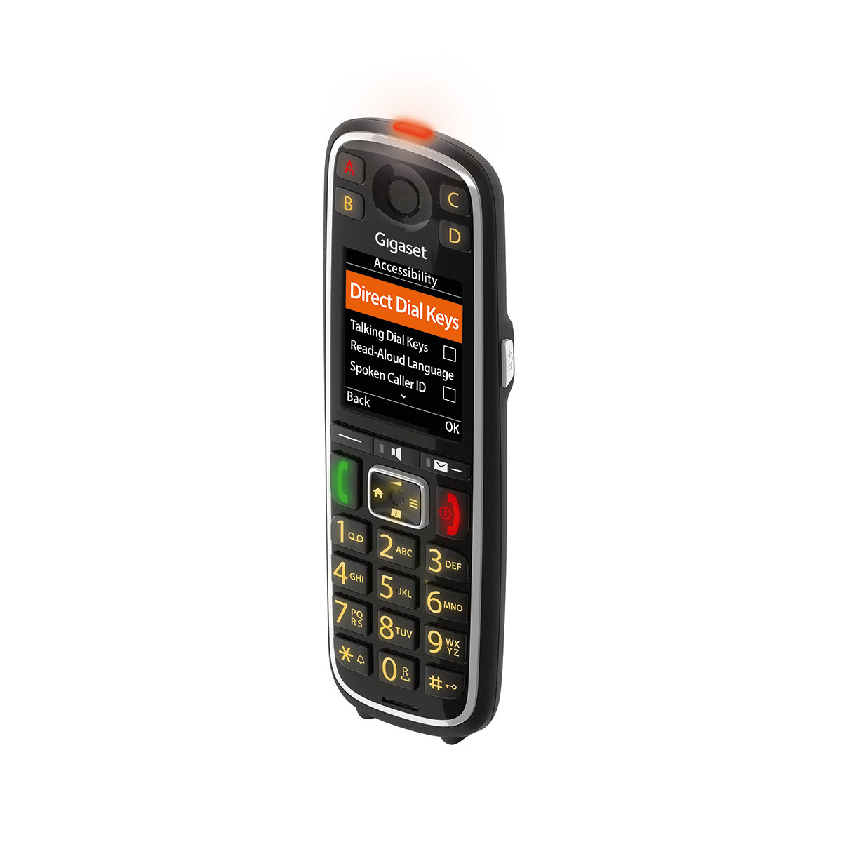 Téléphone Gigaset noir avec écran affichant les options du menu. Lumière rouge en haut. Fond blanc.