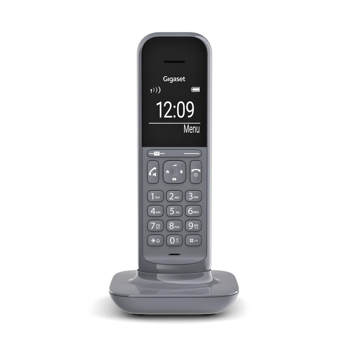 Telefono Gigaset grigio su una base. Il display mostra l'ora e un'opzione di menu.