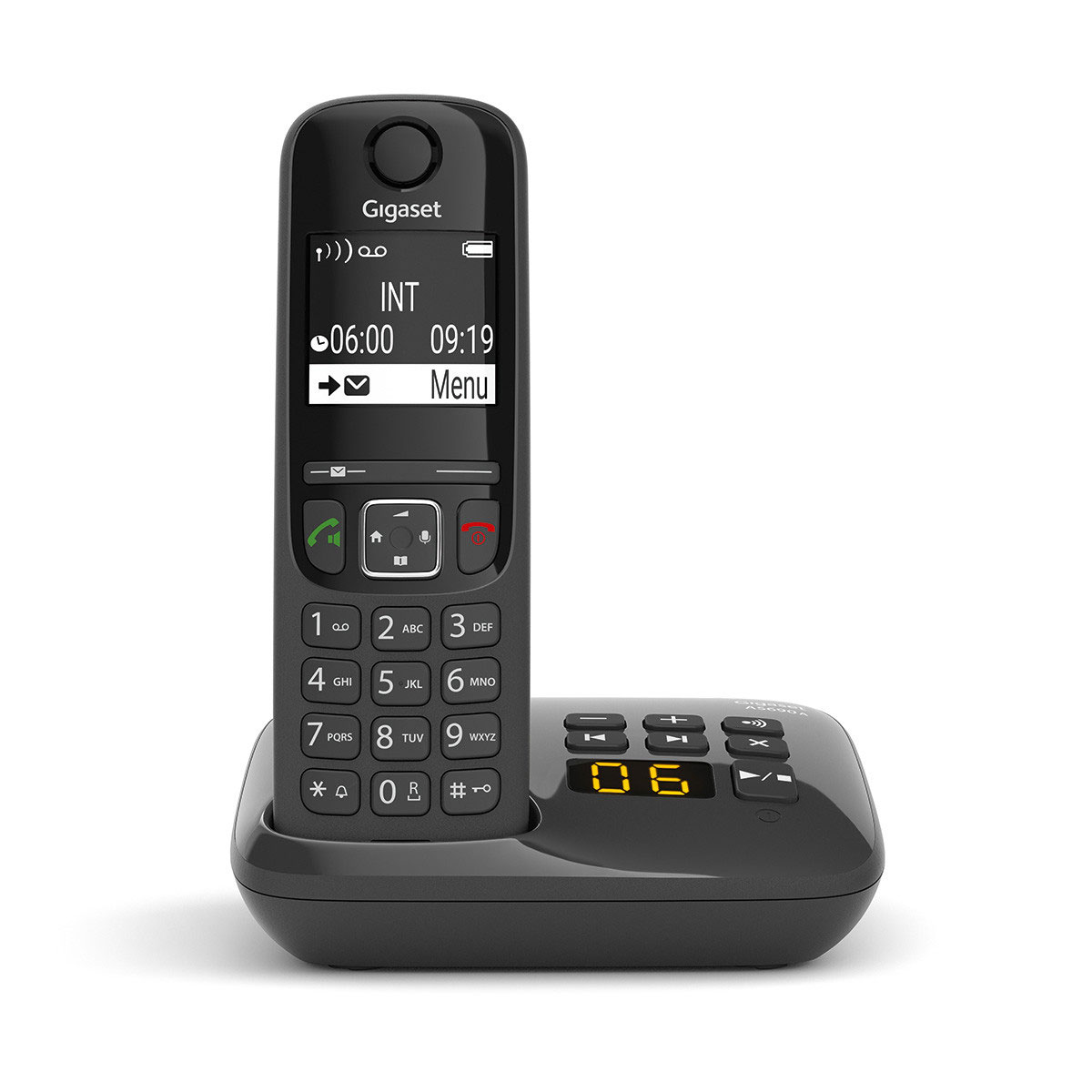 Zwarte Gigaset draadloze telefoon op basis, met tijd en menu-opties op het scherm.