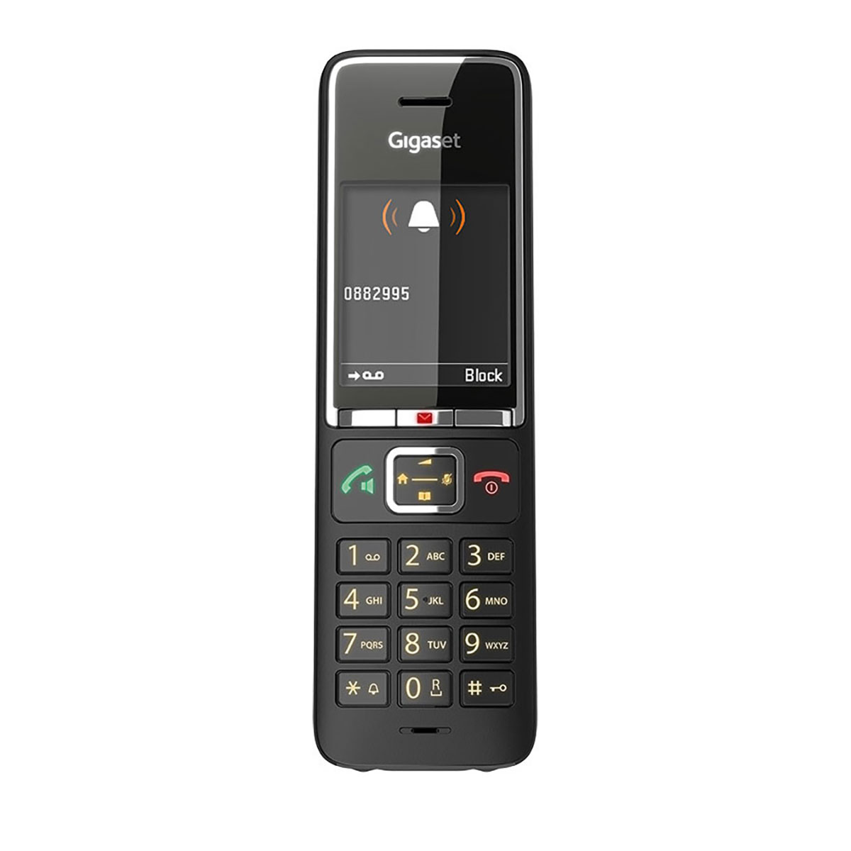 Black Gigaset cordless phone on a base. Display shows number and bell icon.
