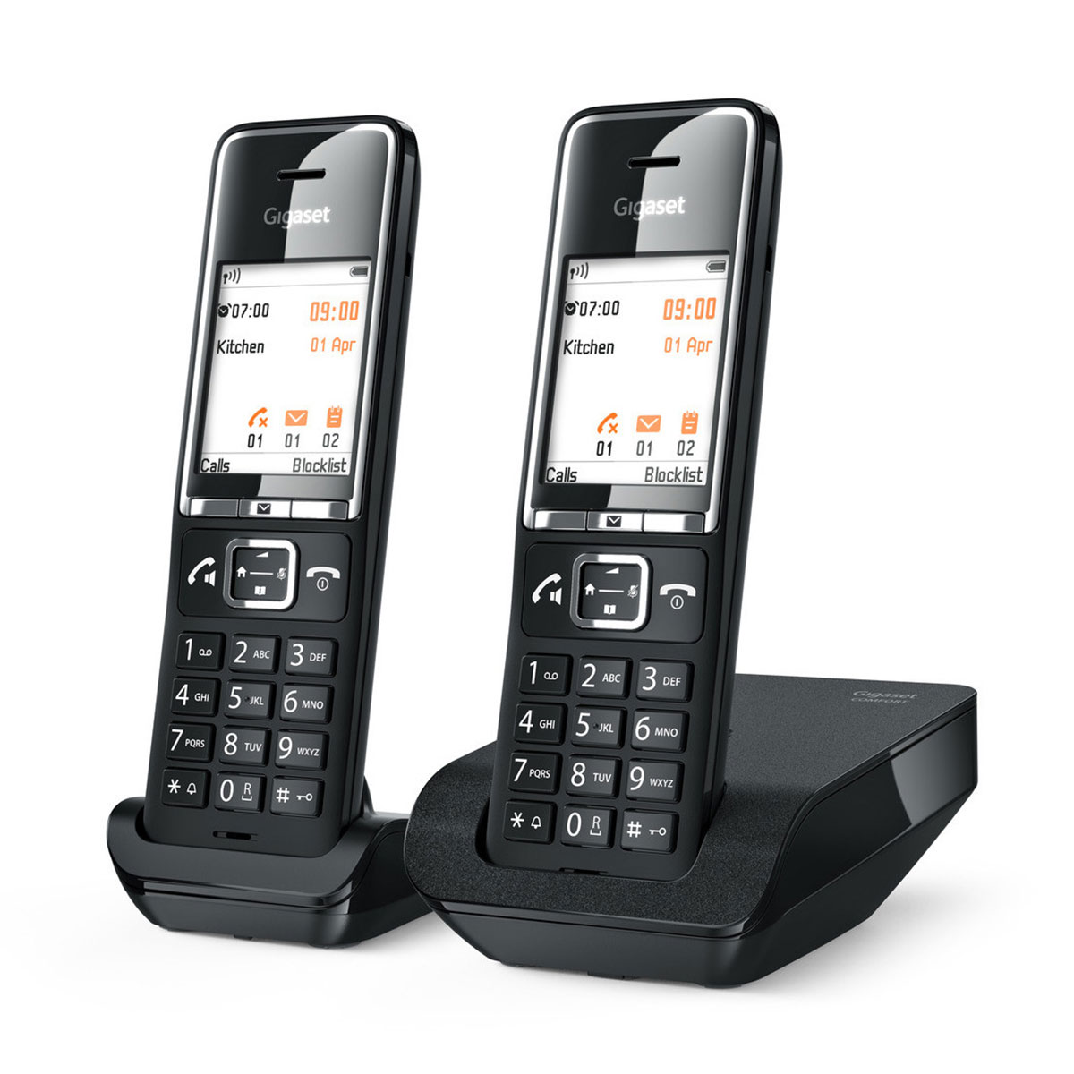 Two black Gigaset cordless phones with bases. Each has a screen and number buttons. Black background.