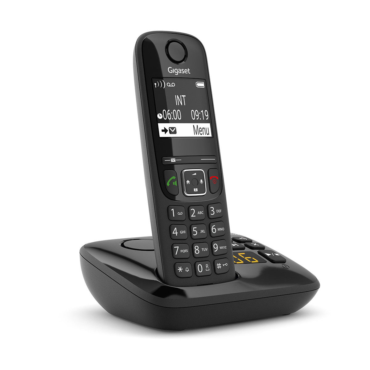 Zwarte Gigaset draadloze telefoon op een basis, scherm met oproepinformatie.