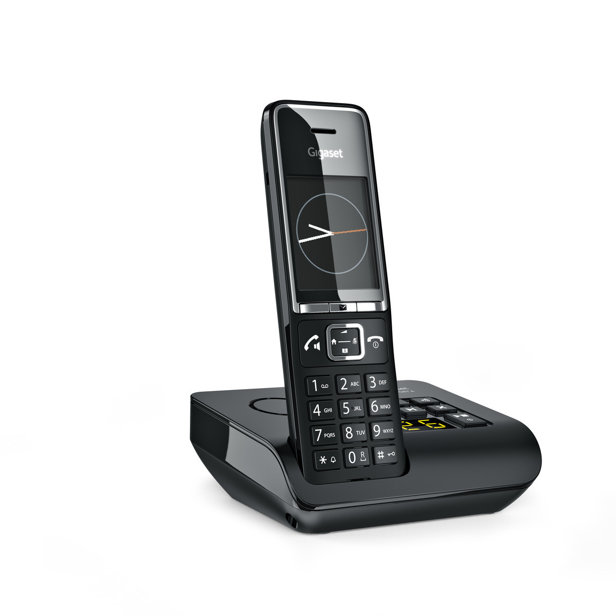 Téléphone sans fil Gigaset noir sur socle. L'écran affiche l'heure et une icône d'horloge.
