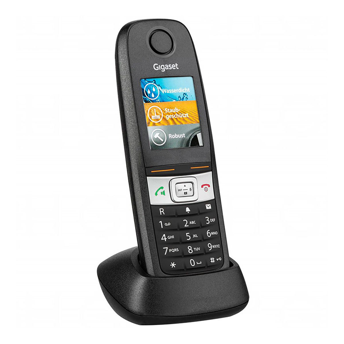 Un téléphone sans fil Gigaset noir dans sa base. L'écran affiche des icônes et 'Annabella', options de menu.