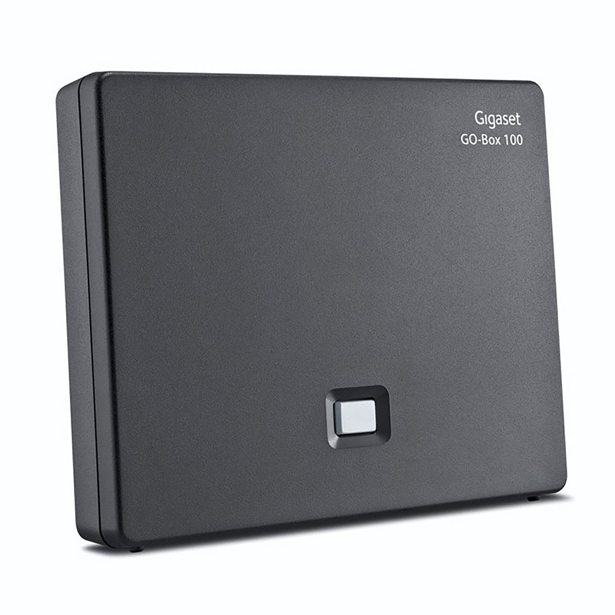 Une Gigaset GO-Box 100 noire, un appareil rectangulaire avec un petit bouton blanc.