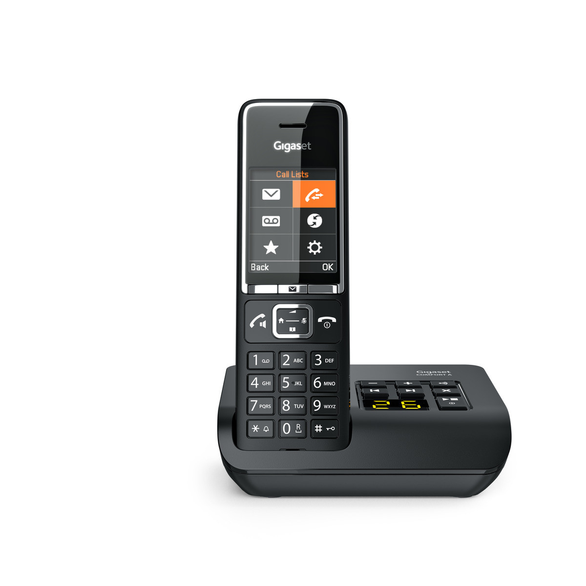 Téléphone sans fil noir avec écran affichant des options de menu, sur une base, fond blanc.
