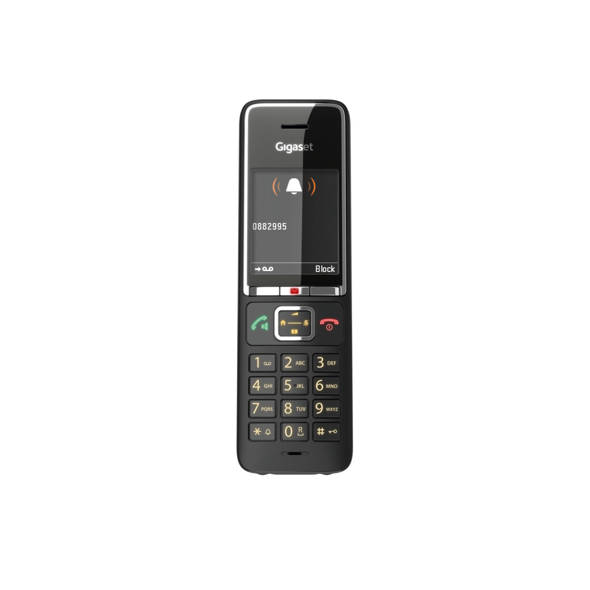 Téléphone Gigaset noir affiche une cloche. L'écran montre un numéro et l'option de blocage.