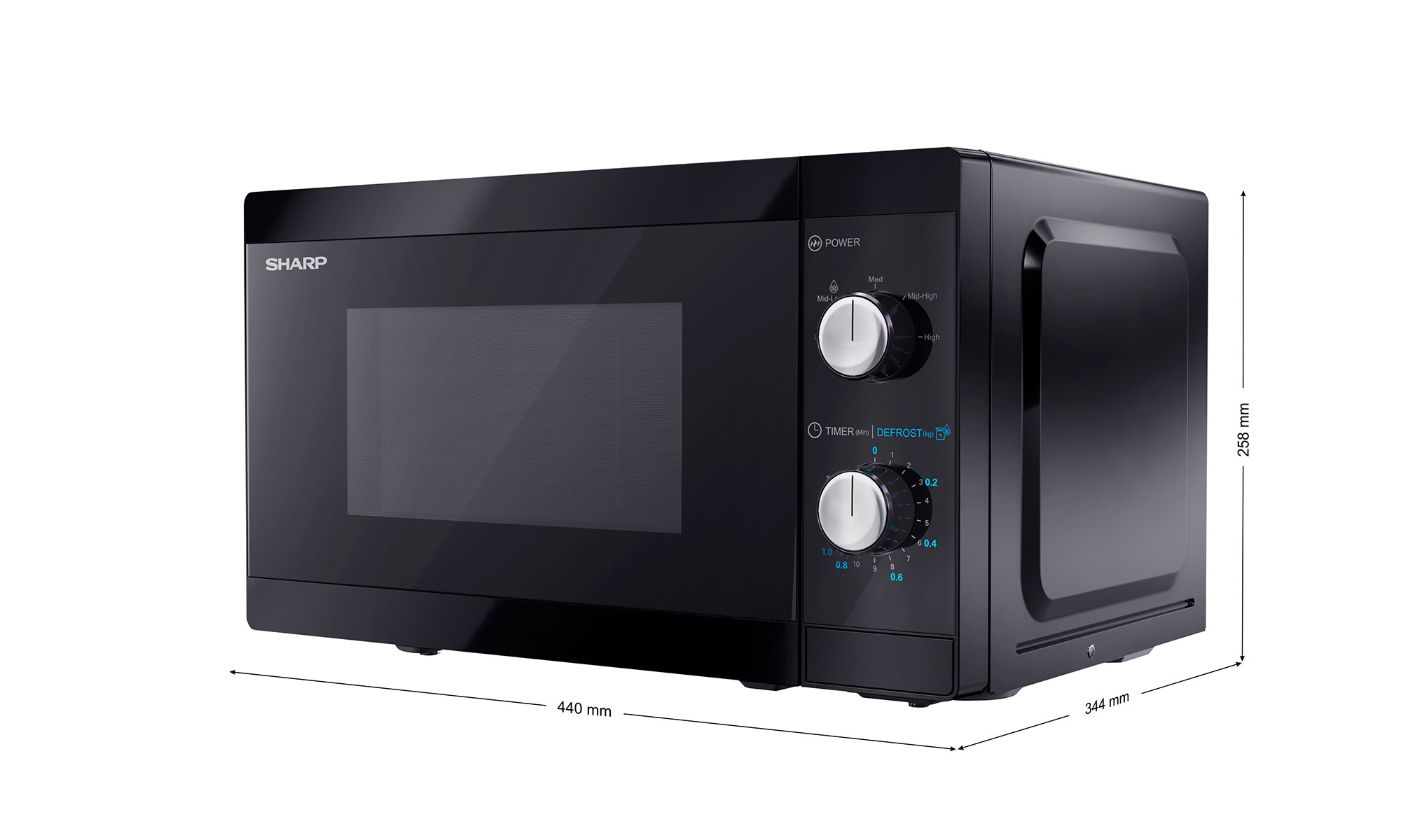 Zwarte Sharp magnetron. Vooraanzicht met afmetingen.