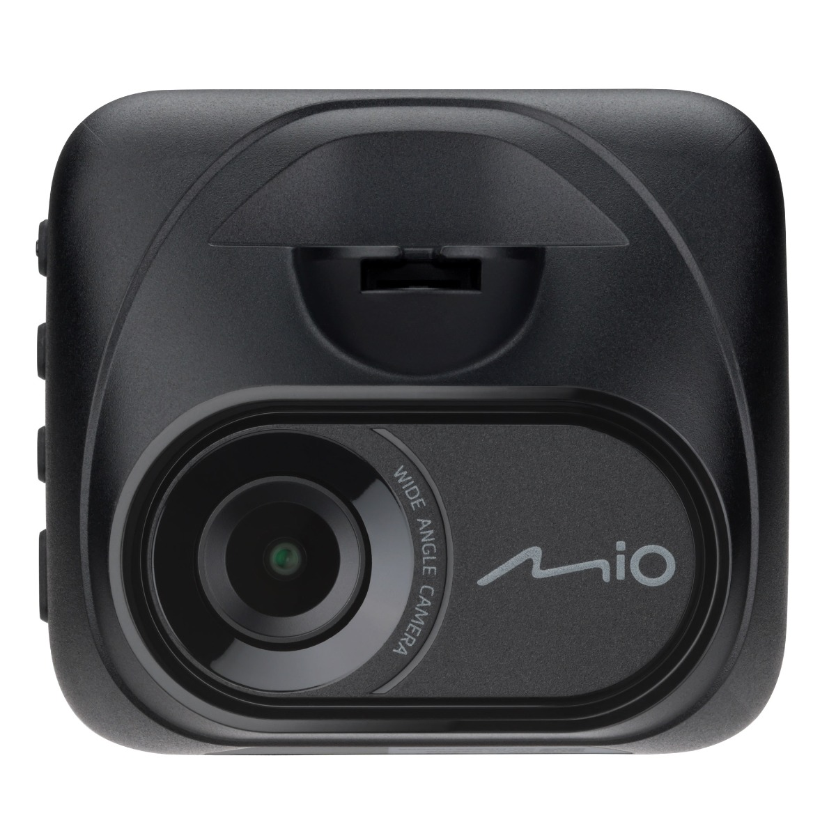 Schwarze Dashcam mit Objektiv und 'mio' Logo. Weißer Hintergrund.