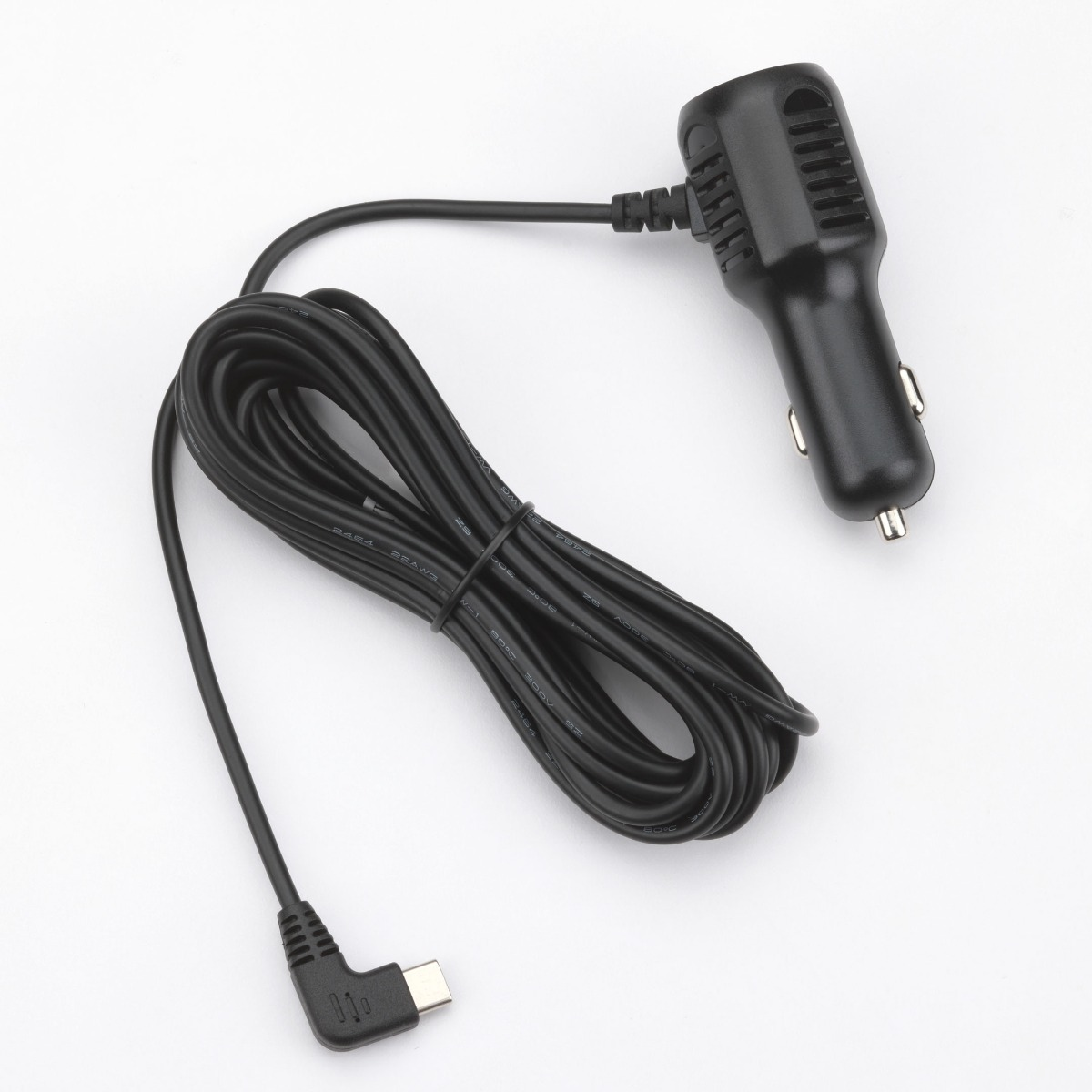 Schwarzes Autoladegerät mit Kabel. Weißer Hintergrund.