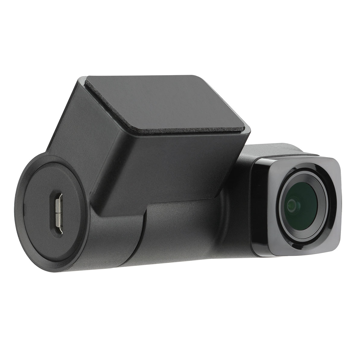 Black dashcam with a lens and a USB port. It has a small square top.