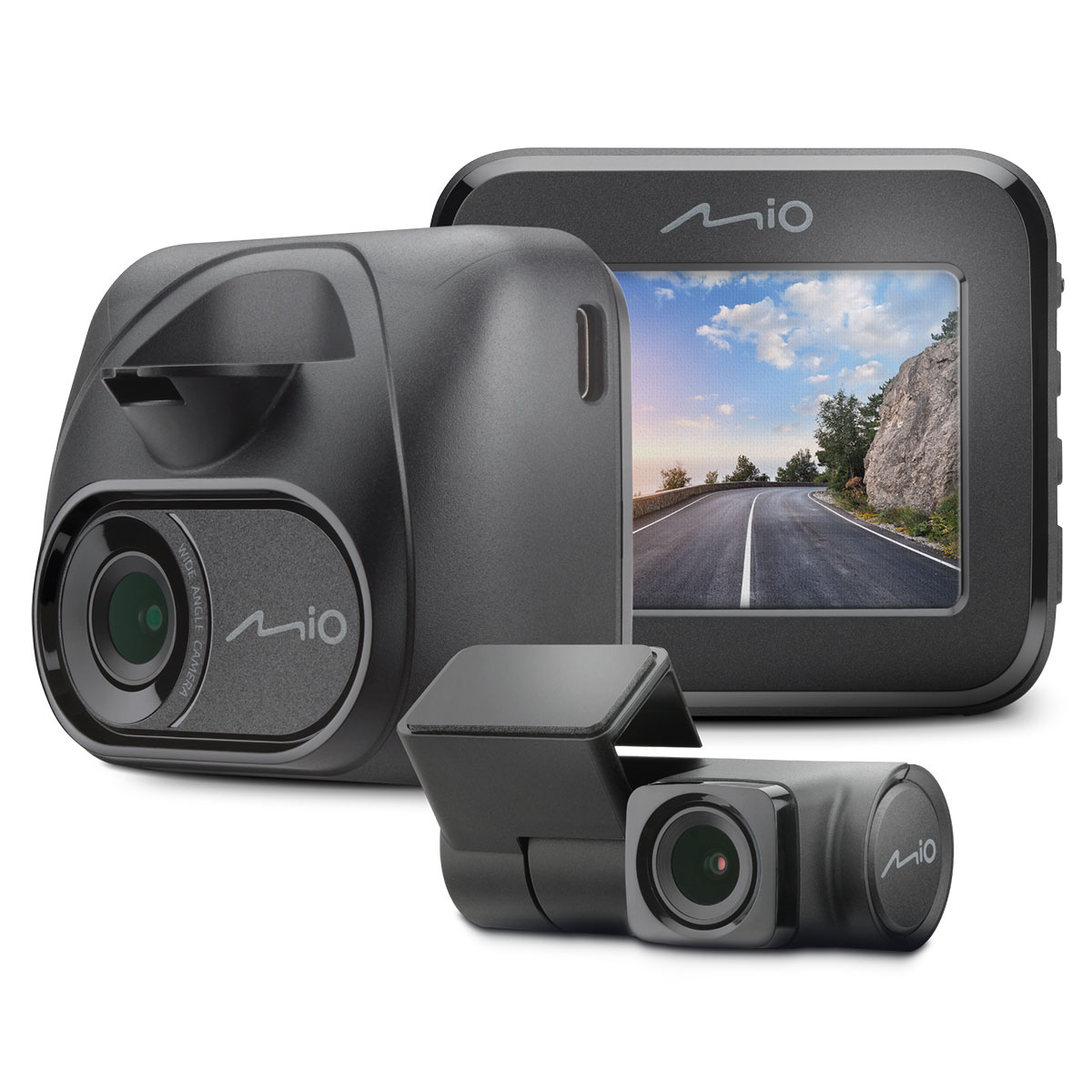 Black dashcam with two cameras. One is pointing forward, another is on the screen.