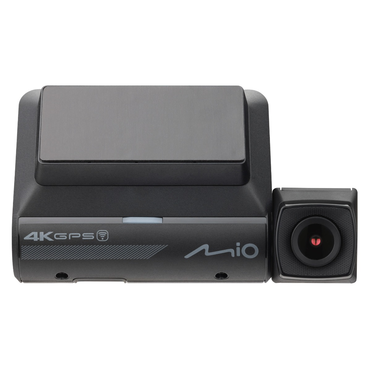 Schwarze Dashcam mit 4K GPS-Kennzeichnung. Eine kleine Kamera befindet sich an der Seite mit roter Linse.