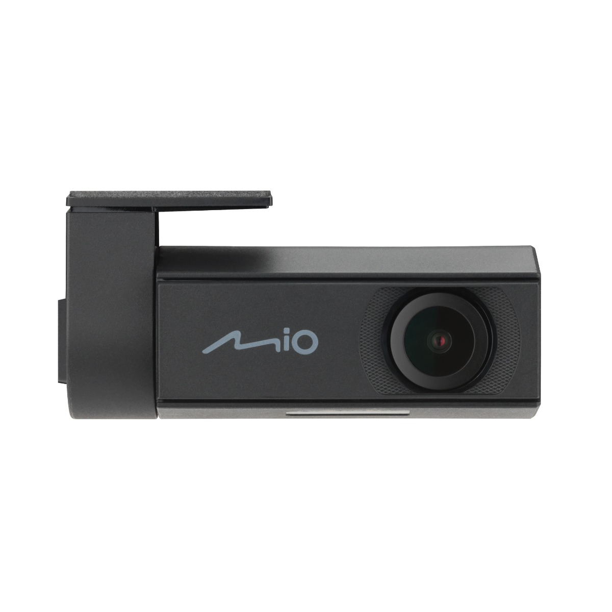 Schwarze Dashcam mit Objektiv und der Marke 'mio' auf weißem Hintergrund.