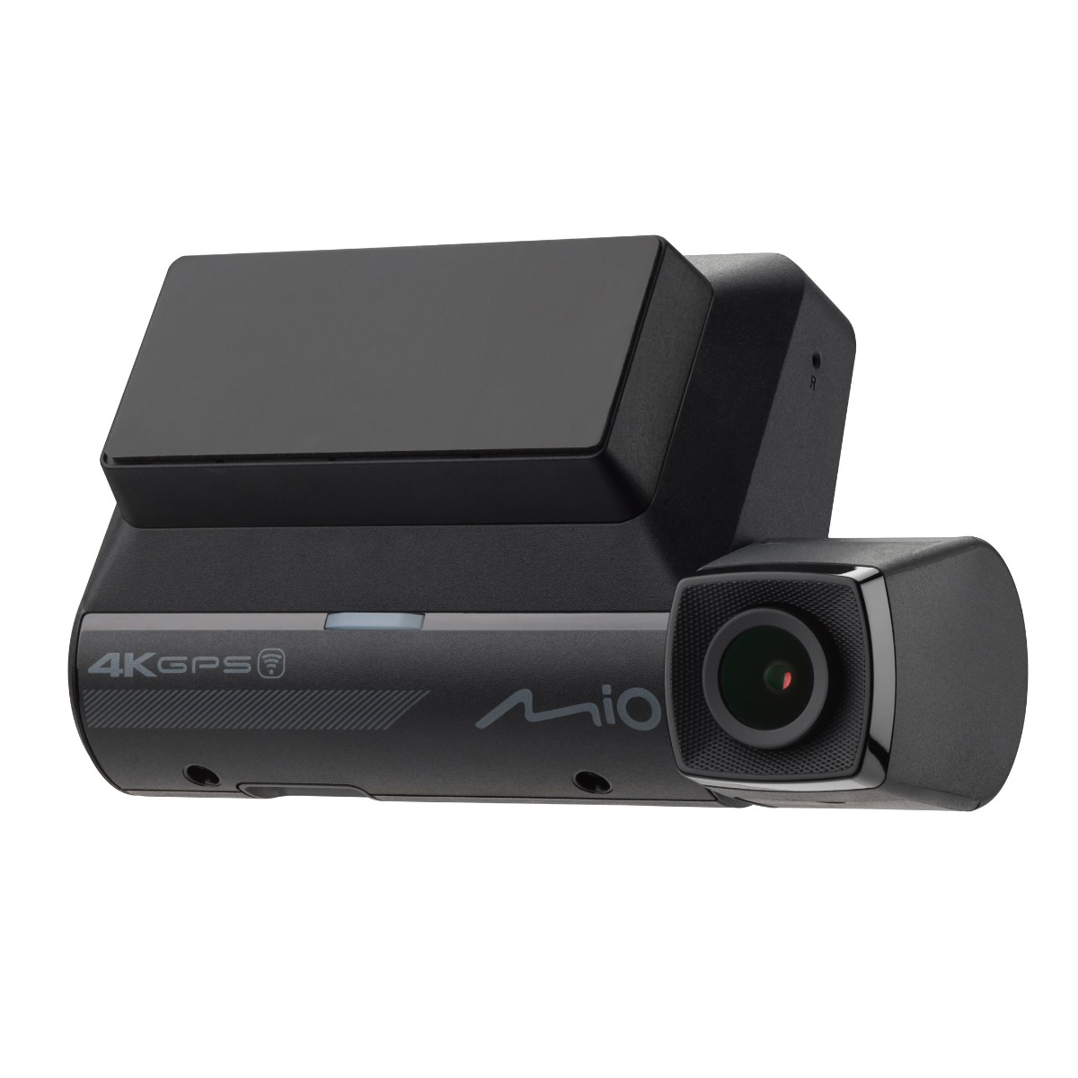 Schwarze Dashcam auf weißem Hintergrund. Die Dashcam hat ein Objektiv, einen Bildschirm.