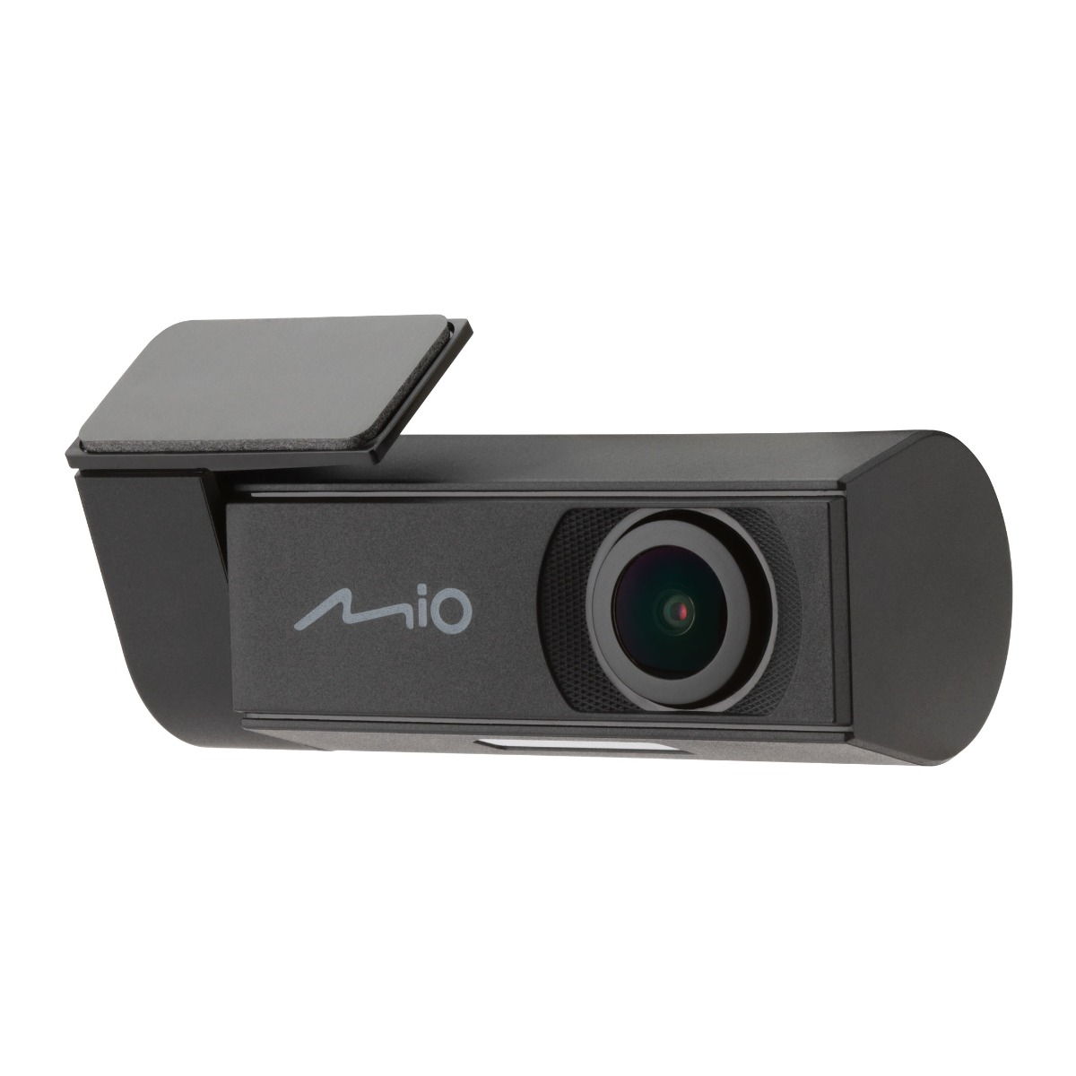 Schwarze Mio Dashcam mit hochklappbarem Bildschirm. Objektiv sichtbar. Weißer Hintergrund. Seitenansicht.