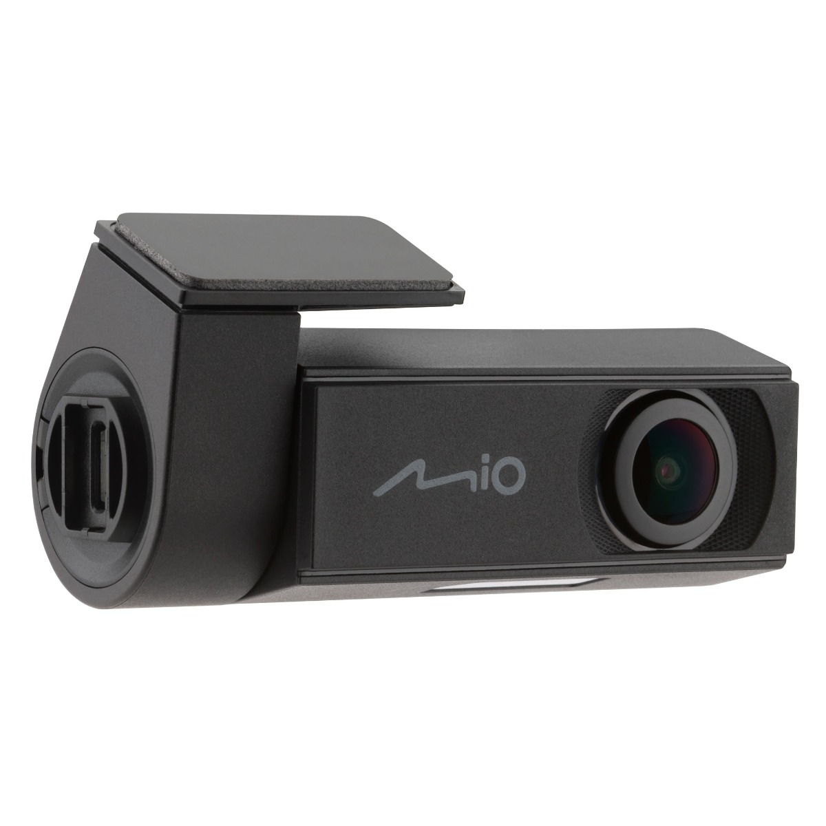 Schwarze Mio-Dashcam, die die Vorderseite der Kamera zeigt. Objektiv und Markenname sichtbar.