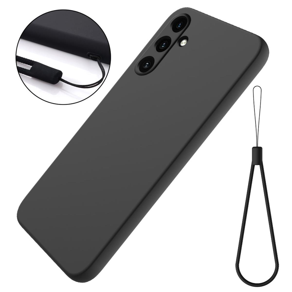 Schwarze Handyhülle und Handschlaufe. Telefondetail.