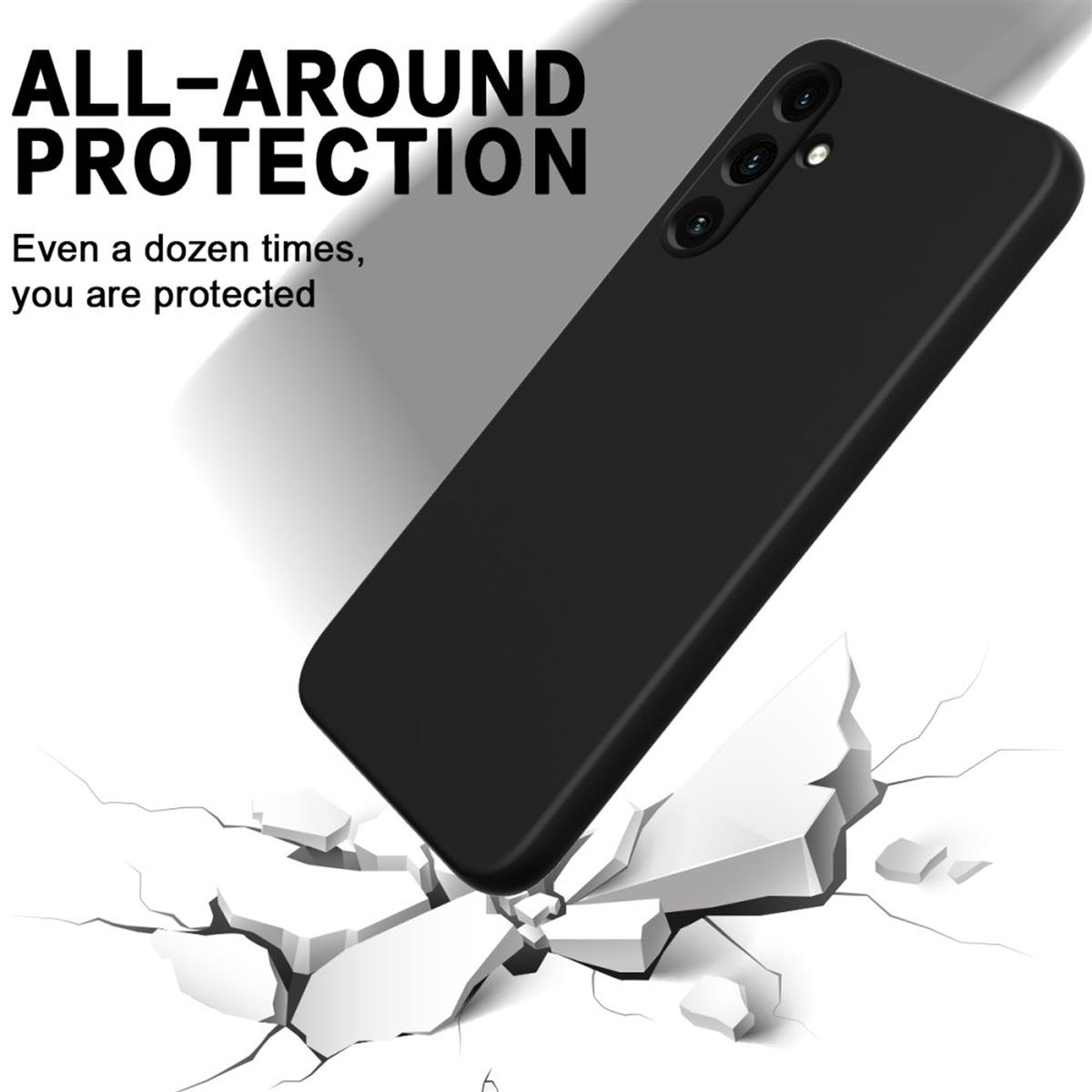 Eine schwarze Handyhülle bricht eine Oberfläche. Text: 'ALL-AROUND PROTECTION' und 'Even a dozen times'.