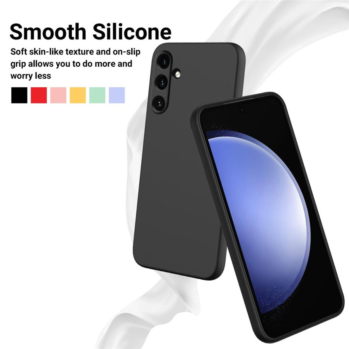Schwarze Handyhülle mit schwarzem Telefon. Im Hintergrund ein weißes Tuch. Farben links oben.
