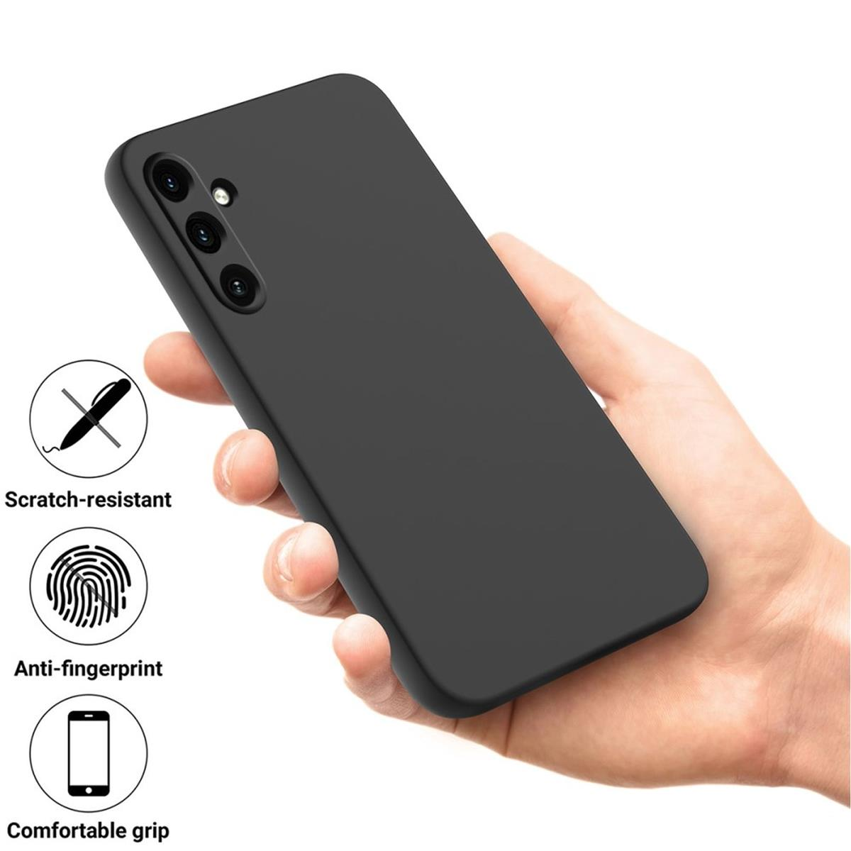 Schwarzes Telefon in der Hand gehalten. Text neben Symbolen lautet: „Kratzfest“, „Anti-Fingerabdruck“ und „Angenehmer Griff“.