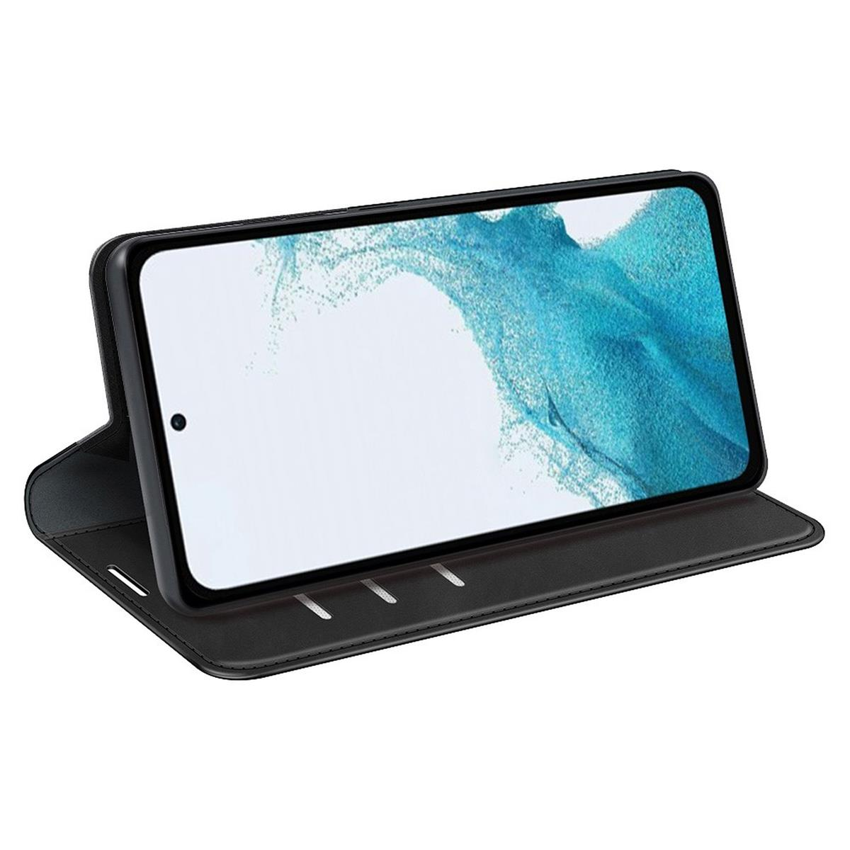 Schwarzes Telefon in schwarzer, faltbarer Hülle. Der weiße Bildschirm ist beleuchtet. Die Hülle ist offen.