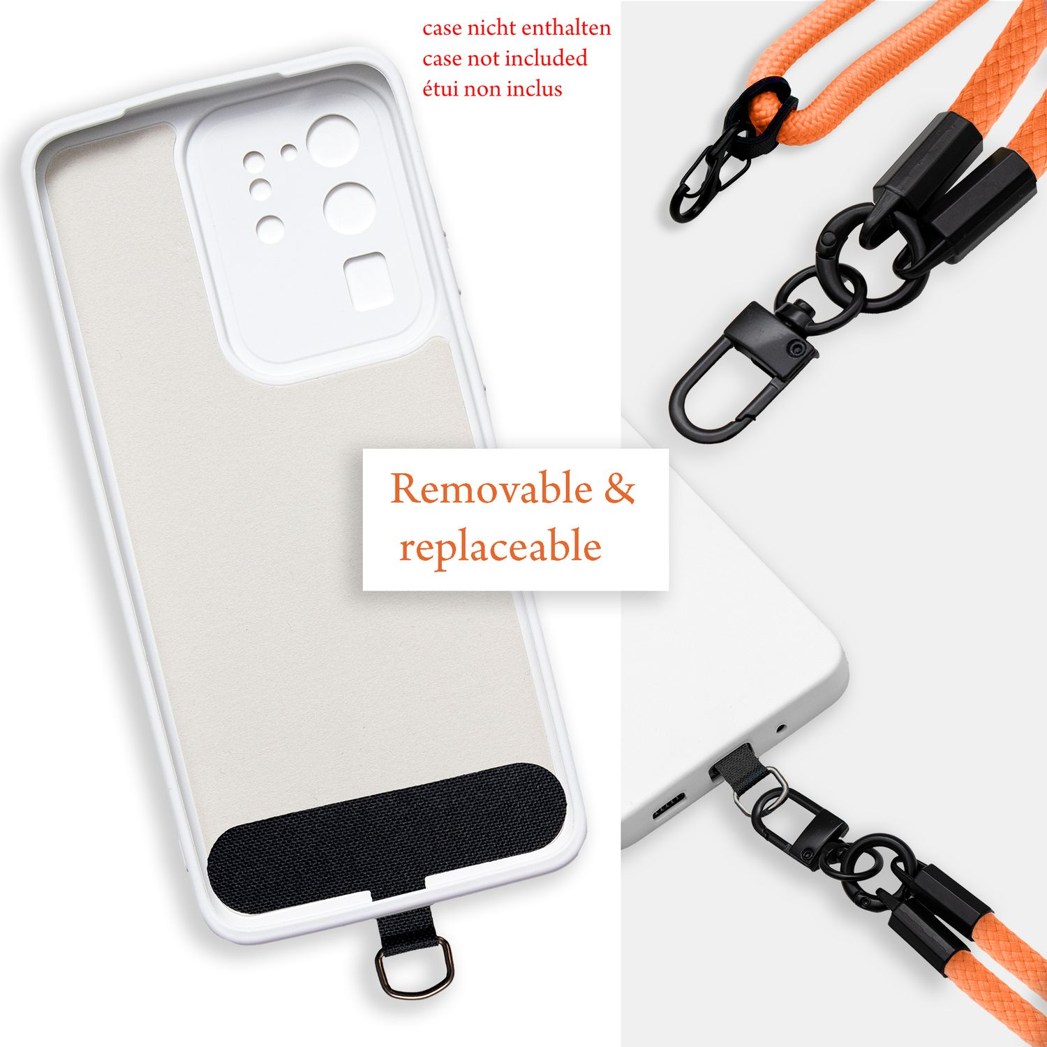 Weißes Handycase mit Schlüsselband. Text: "Removable & replaceable". Text: "case nicht enthalten", "étui non inclus".