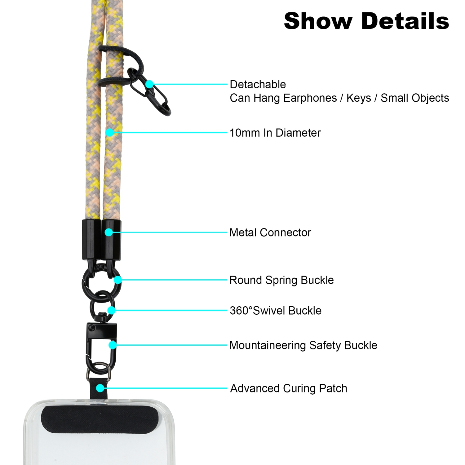 Handyband-Details: abnehmbar, 10 mm Durchmesser, Metallverbinder, Schnallen und Sicherheitsverschluss.