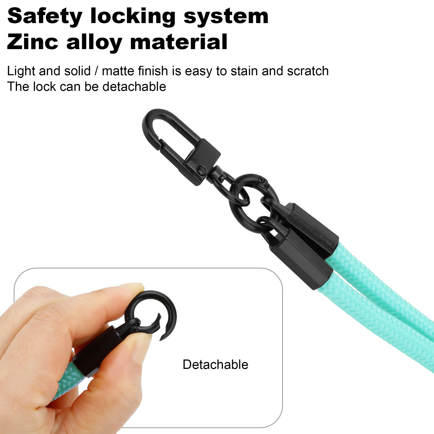 Nahaufnahme eines abnehmbaren schwarzen Clips und eines blauen Schlüsselbands.