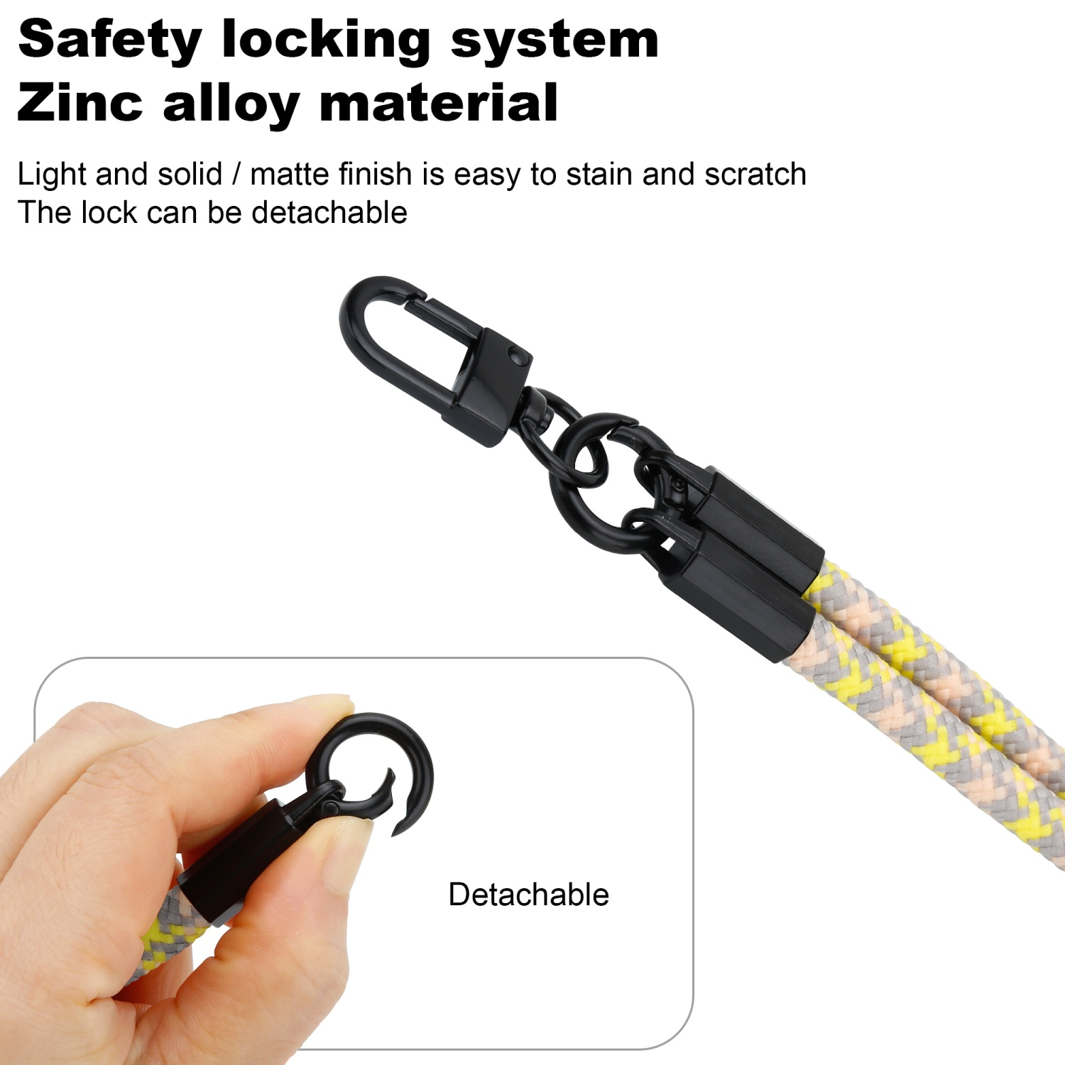 Schwarzes und gelbes Schlüsselband mit abnehmbarem Verschluss, gehalten von einer Hand. Enthält den Text "Safety locking system".