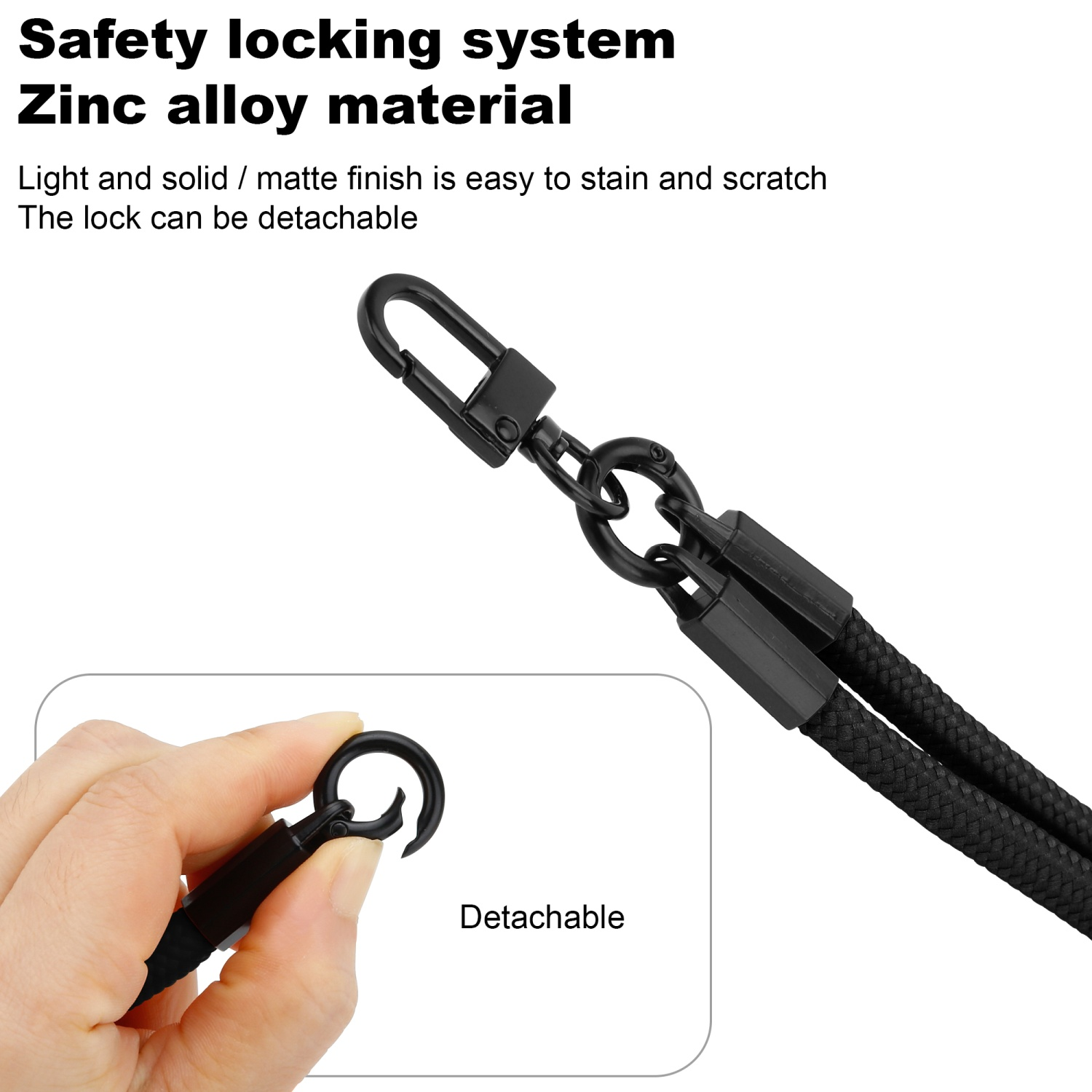 Schwarzes Schlüsselband mit abnehmbarem Verschluss, gehalten von einer Hand. Enthält den Text "Safety locking system".