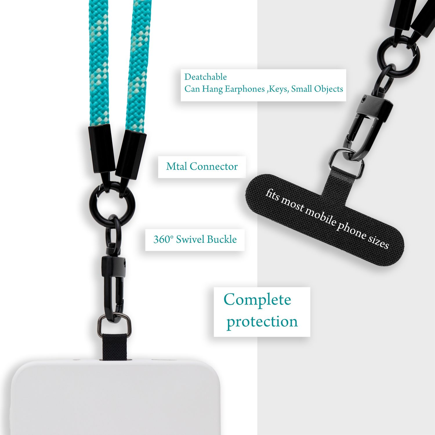 Blau-weißes Schlüsselband, verbunden mit einer weißen Handyhülle. Text: "Deatchable", "fits most mobile phone sizes".