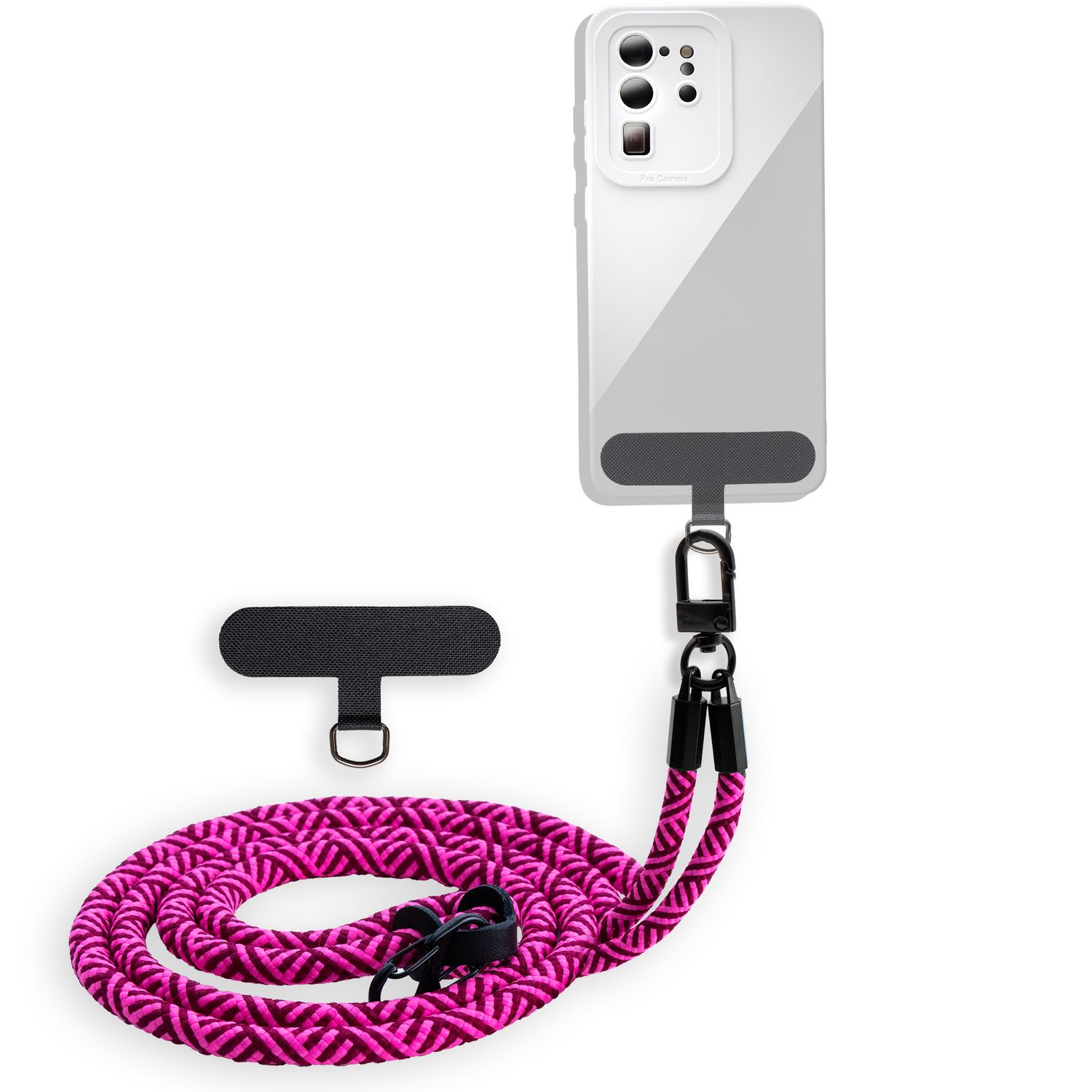 Weißes Telefon mit einem rosa-weißen Umhängeband.