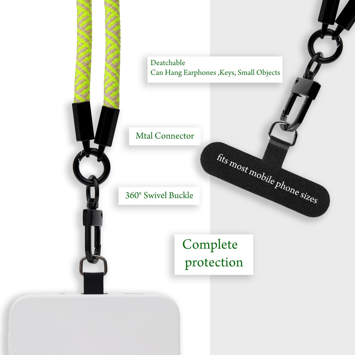 Gelb-pinkes Schlüsselband, verbunden mit einem weißen Handycase. Text: "Deatchable", "fits most mobile phone sizes".
