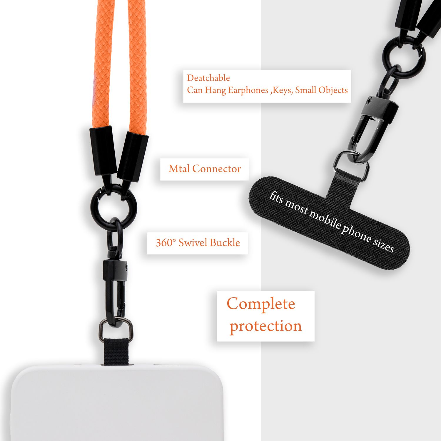 Oranges Schlüsselband, verbunden mit einem weißen Handycase. Text: "Deatchable", "fits most mobile phone sizes".