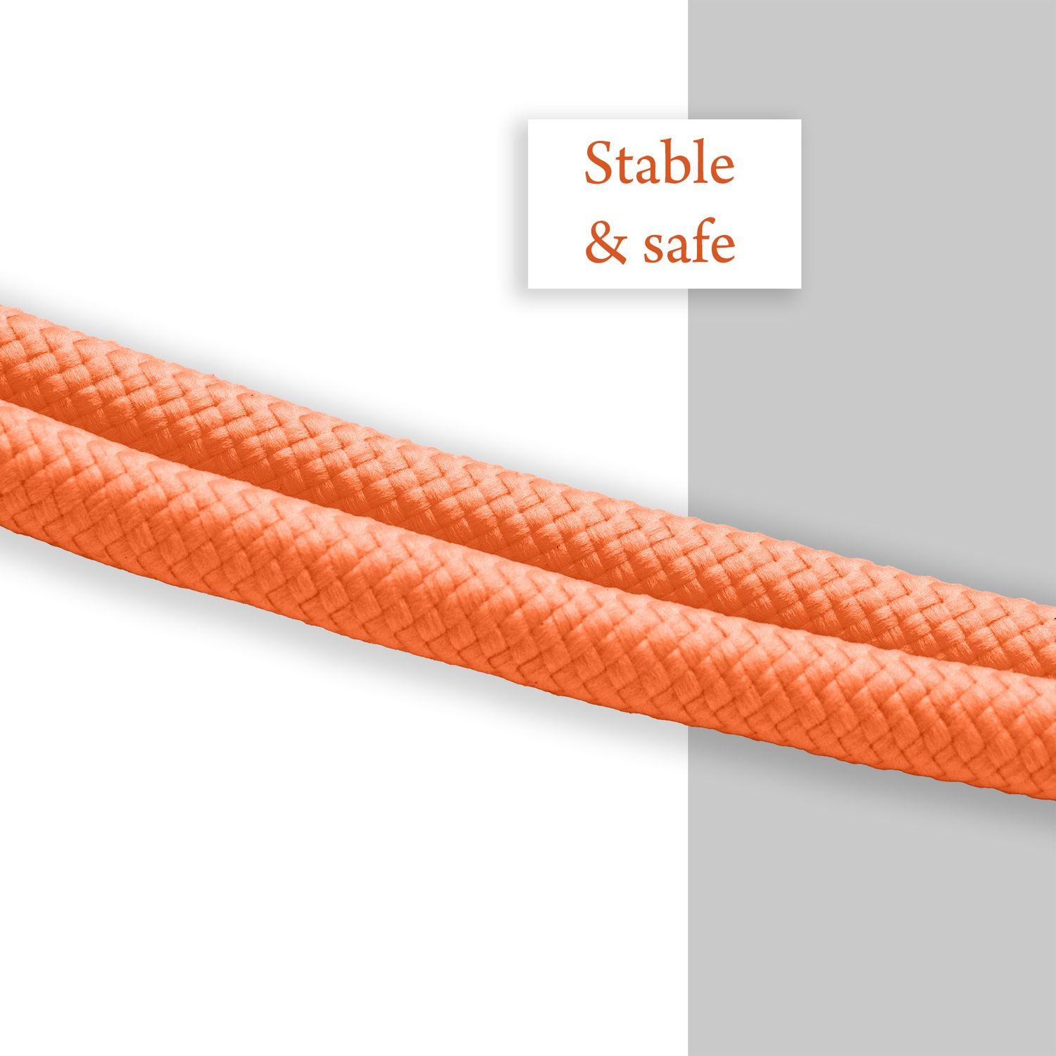 Oranges Schlüsselband mit zwei weißen Hintergrundabschnitten. Text: "Stable & safe".