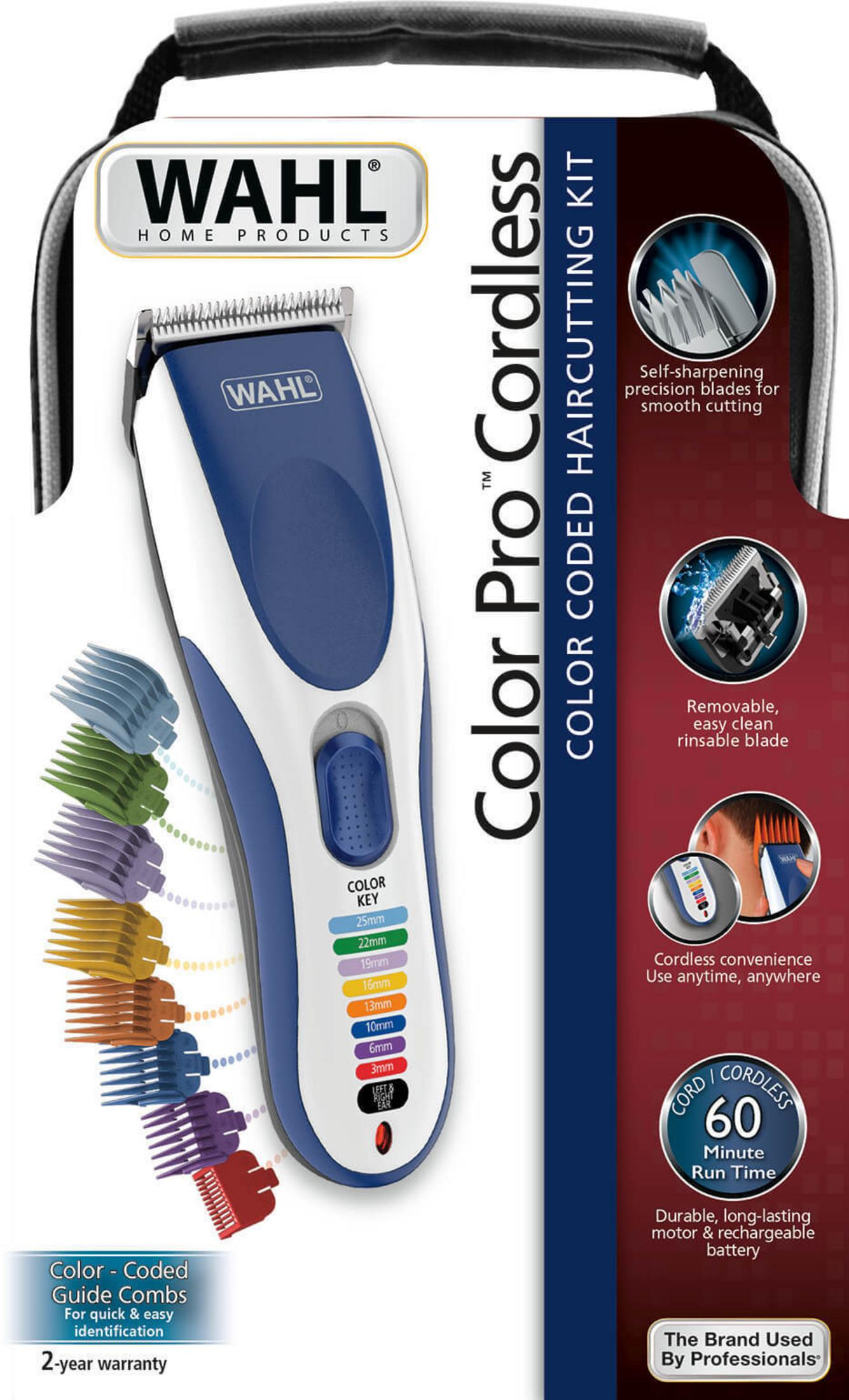 Caja del kit de corte de pelo inalámbrico Wahl con cortadora y peines guía.