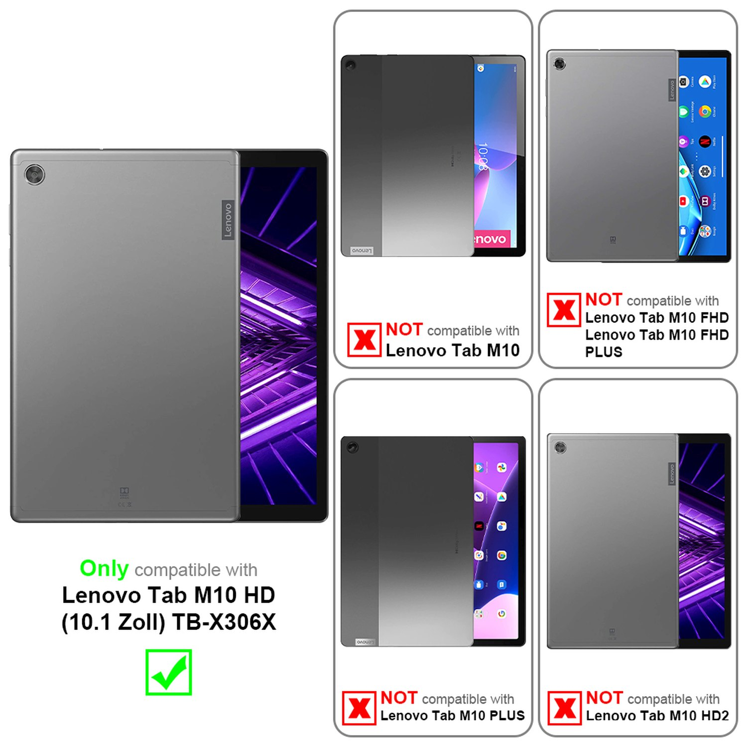 Un tablet Lenovo con retro grigio e uno schermo con altri tablet che non sono compatibili.