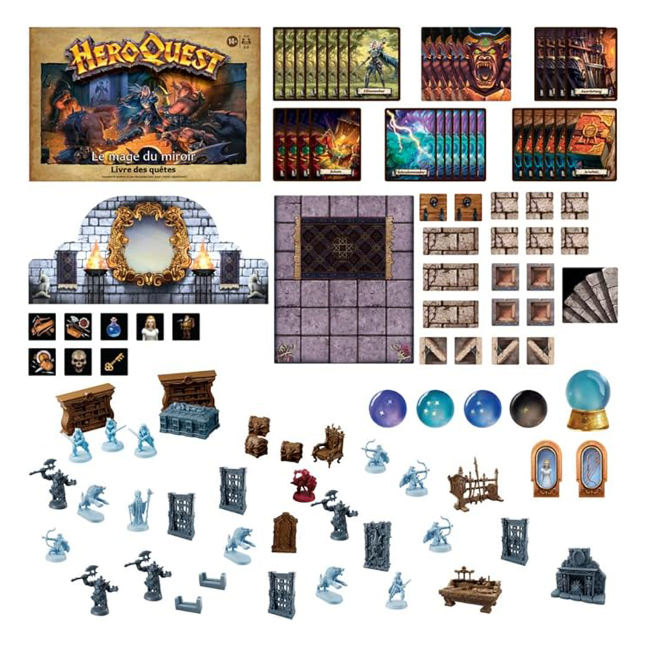 Brettspiel-Komponenten: Karten, Kacheln, Figuren und ein Spiegel. Fantasy-Thema.